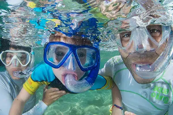 Persona haciendo snorkel observando peces en aguas claras de Alicante